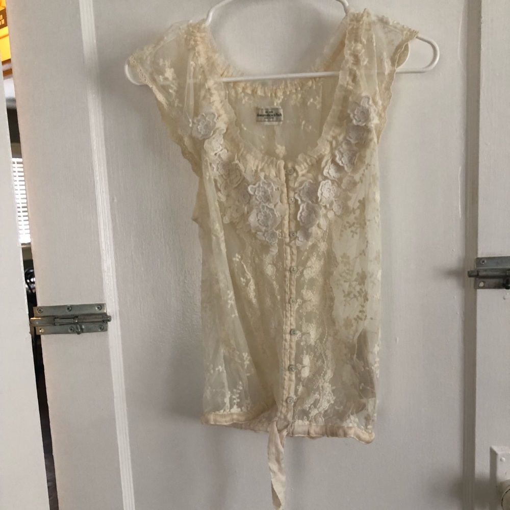 Cream, lace, see-through top with long ribbon